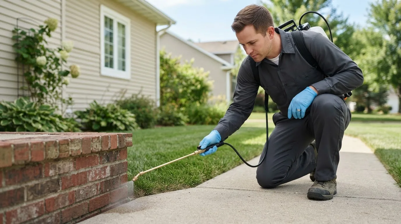 Pest control technician treating a home near Manchester, IA