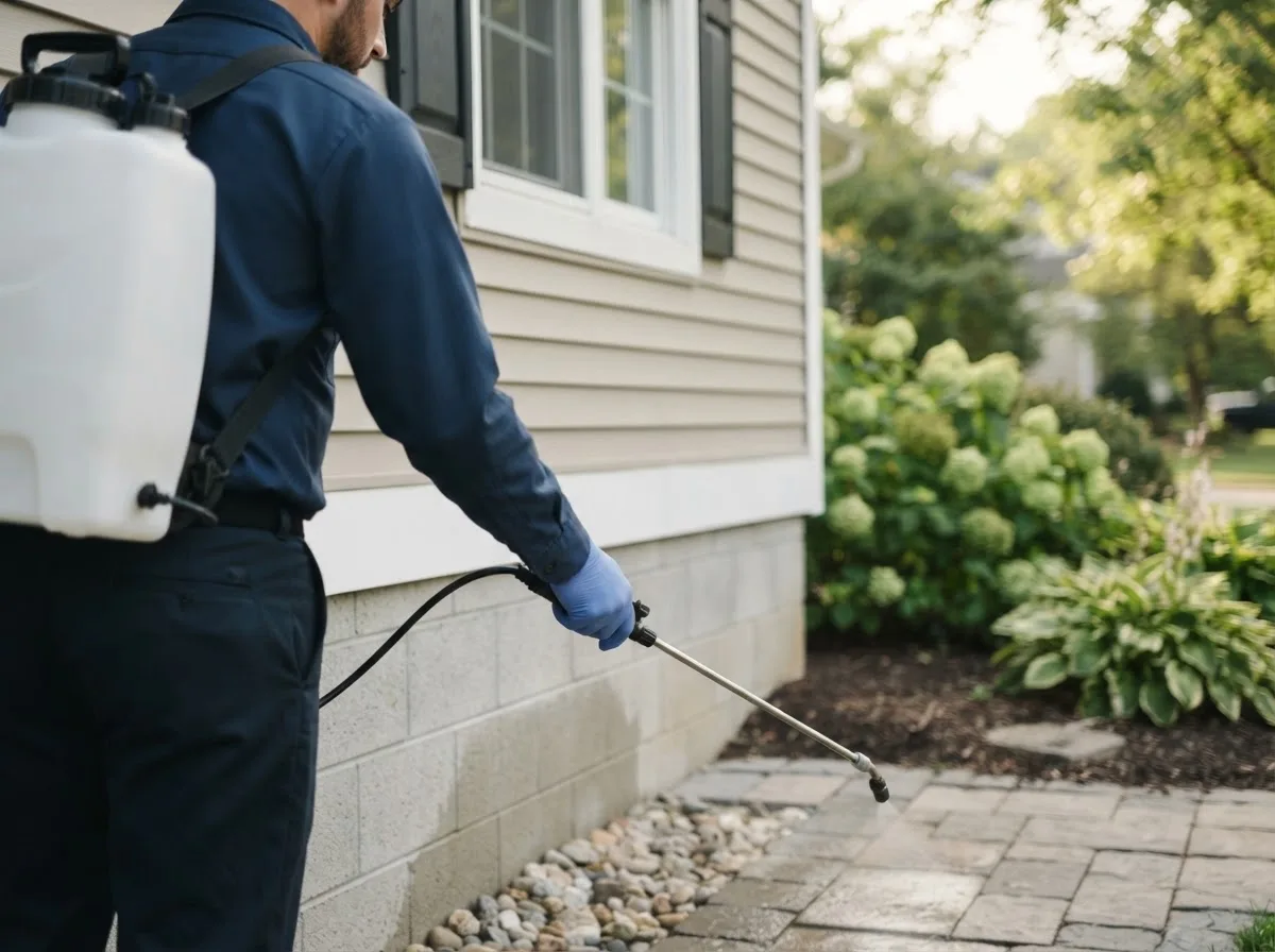 Pest control technician inspecting a home in Manchester, IA